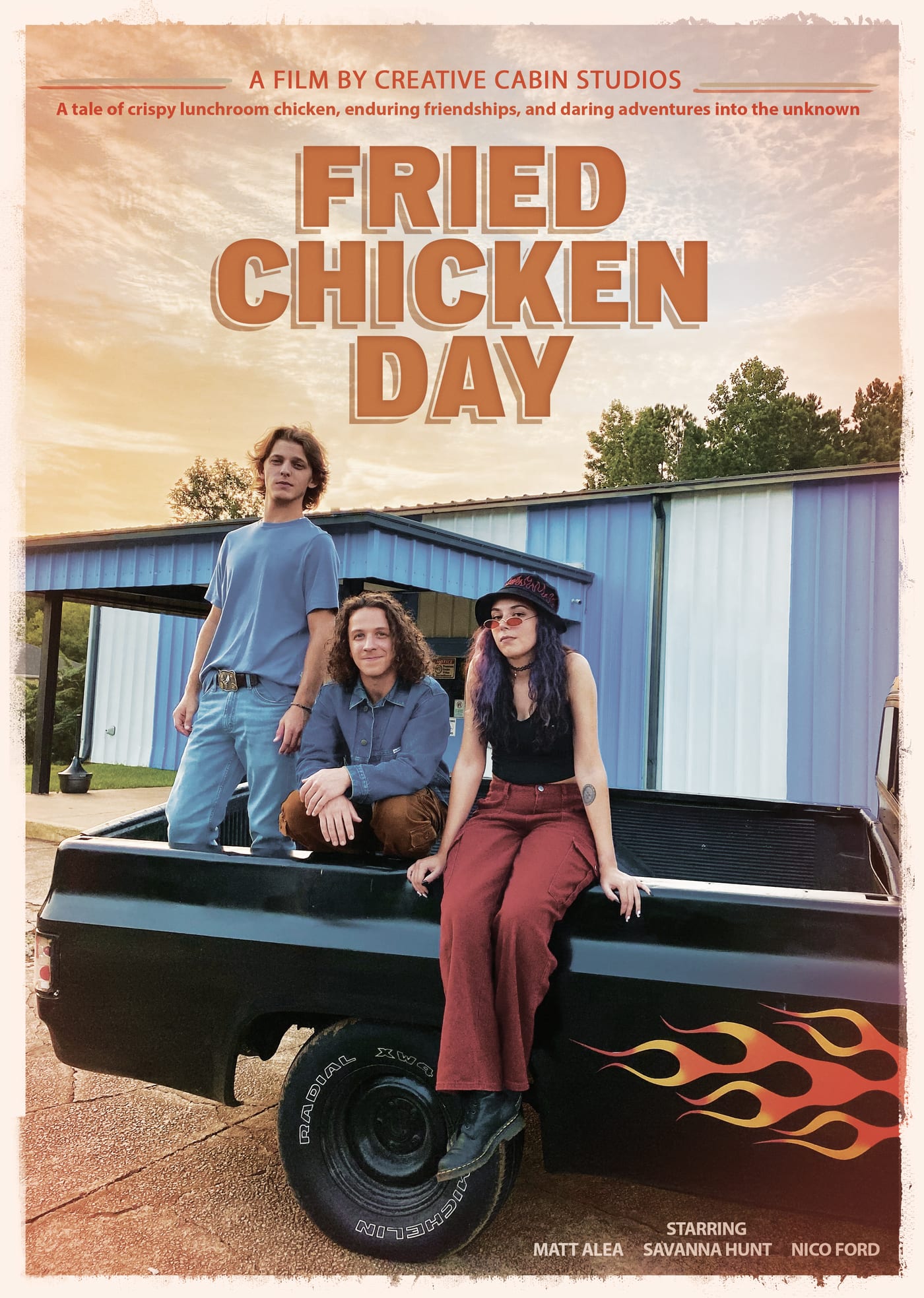 Official Fried Chicken Day poster: Kai, Travis and Brandi at a pickup truck